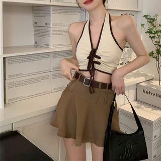 Halter-neck Drawstring Crop Top / Belt / Pleated A-line Skirt / Set