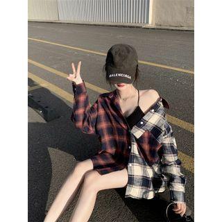 Paneled Plaid Shirt Red & Off-white & Dark Blue - One Size