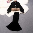 Set: Faux Fur Trim Velvet Blouse + Mermaid Skirt