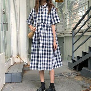 Check Short-sleeve Midi Shirt Dress