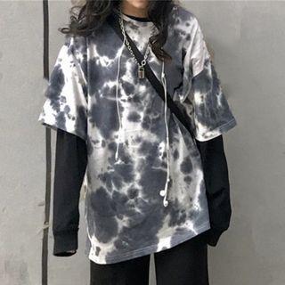 Short-sleeve Tie-dyed T-shirt Grayish Blue - One Size