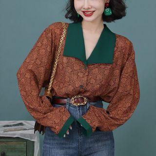 Contrast Collar Floral Shirt Floral - Dark Brown - One Size