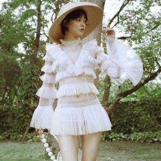 Set: Plain Bikini + Mesh Ruffle Long-sleeve Cover Up