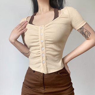 Mock Two-piece Short-sleeve Halter Button-up Crop Top