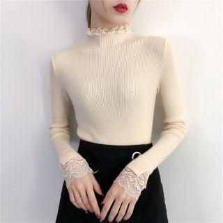 Lace Trim Mock Turtleneck Long-sleeve Knit Top