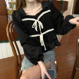 Frill-trim Square Neck Corduroy Lace-up Cropped Blouse