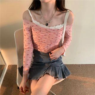 Long-sleeve Mock Two-piece Lace Trim Floral Print Cropped Top