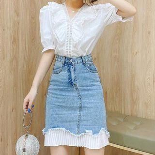 Set: Short-sleeve Blouse + Denim Pencil Skirt