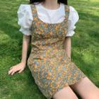 Puff-sleeve Plain Blouse / Flower Print Overall Dress