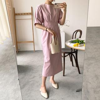 Round-neck Pintuck-trim A-line Dress