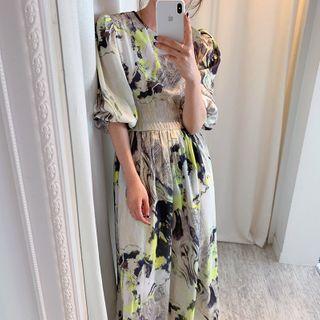 Elbow-sleeve Printed Maxi Dress White - One Size