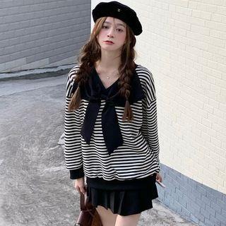 Long-sleeve Reversible Bow Striped T-shirt Stripe - Black & White - One Size
