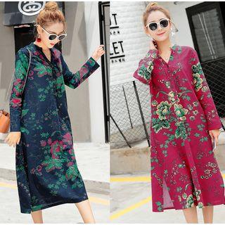 Floral Print Split Neck Long Sleeve Dress