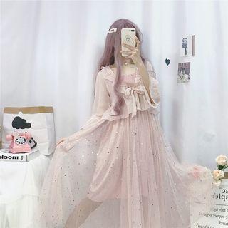 Wide-strap Midi Mesh Dress / Ruffle Light Jacket