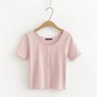 Short-sleeve Buttoned Knit Top Pink - One Size