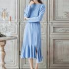 Set: Crew-neck Long-sleeve T-shirt + Side Slit Midi Skirt