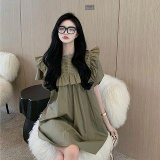 Round-neck Plain Pleated Ruffle A-line Mini Dress
