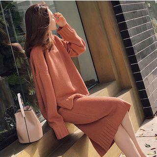 Set: Crew-neck Sweater + Split Hem Midi Knit Skirt