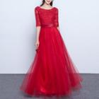 Lace Appliqu  Elbow Sleeve A-line Evening Gown