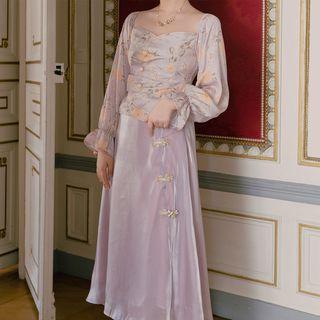 Frog Button Midi A-line Satin Skirt