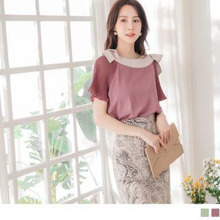 Pleated Raglan Sleeve Tie-shoulder Chiffon Top