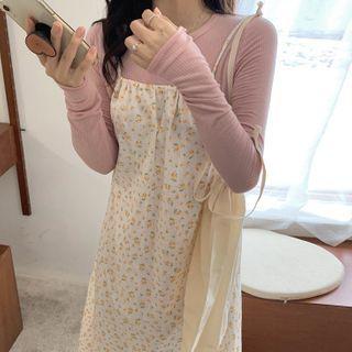 Long-sleeve Plain Knit Top / Spaghetti Strap Floral Print Midi A-line Dress