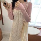 Long-sleeve Plain Knit Top / Spaghetti Strap Floral Print Midi A-line Dress