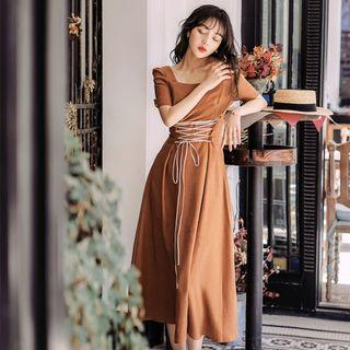Lace Up Square-neck Short-sleeve Midi A-line Dress