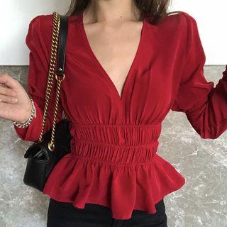 Deep V-neck Gathered Waist Blouse