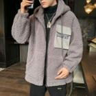 Faux Shearling Color Block Lettering Zipped Hooded Jacket