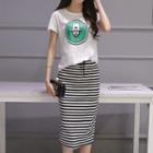 Set: Printed Short-sleeve T-shirt + Stripe Midi Skirt
