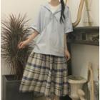 Sailor-collar Elbow-sleeve Top / Plaid Midi A-line Skirt