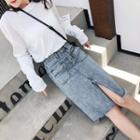 Frayed Hem Slit Denim Pencil Skirt