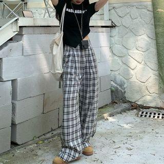 Short-sleeve Lettering Cropped T-shirt / Plaid Wide Leg Pants