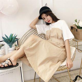 Short-sleeve Mock Two-piece Dress With Belt