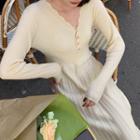 Long-sleeve Half-button Midi A-line Knit Dress