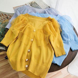Short-sleeve Mesh Frill Trim Buttoned Knit Top