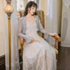 Mesh Spaghetti-strap Midi Dress / Long-sleeve Ruffle Trim Mesh Cardigan