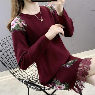Floral Embroidered Lace Trim Knit Midi Dress