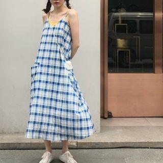 Spaghetti-strap Plaid Midi Dress As Shown In Figure - One Size
