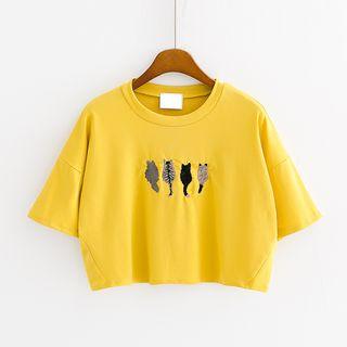 Cat Embroidered Short-sleeve Cropped T-shirt