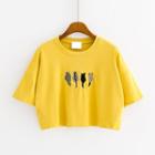 Cat Embroidered Short-sleeve Cropped T-shirt