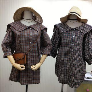 Plaid Elbow-sleeve Collared Dress