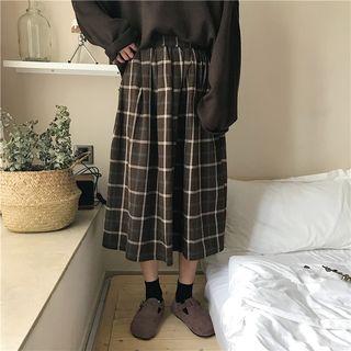 Plaid Pleated Midi A-line Skirt