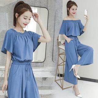 Set: Off-shoulder Elbow-sleeve Top + Wide-leg Pants