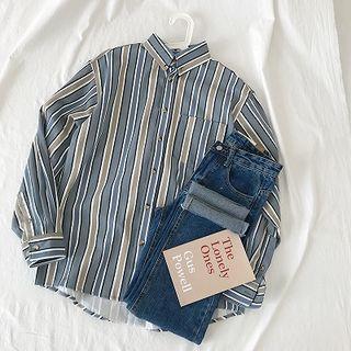 Color-block Striped Long-sleeve Shirt Blue - One Size