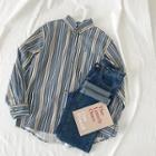 Color-block Striped Long-sleeve Shirt Blue - One Size