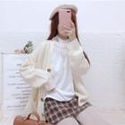 Long-sleeve Mock-neck Rabbit Embroidery Top White - One Size