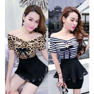 Short-sleeve Bow-accent Mock Two Piece Sheath Dress