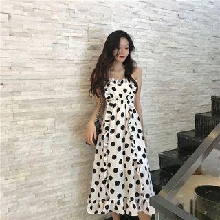 Dotted Spaghetti-strap Ruffle A-line Midi Dress